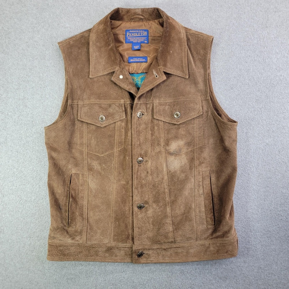 Pendleton Vest Mens Large Brown Suede Wool Back Southwestern Aztec Snap Lined